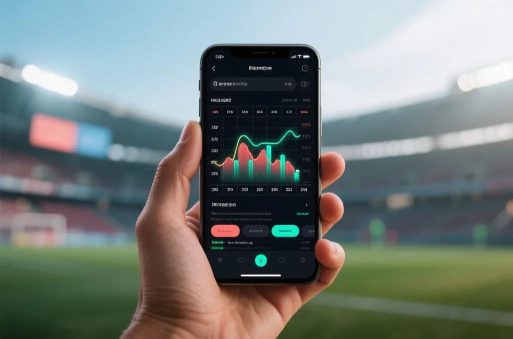 A modern smartphone displaying a sports schedule interface with vibrant glowing graphs, held in hand, blurred stadium background